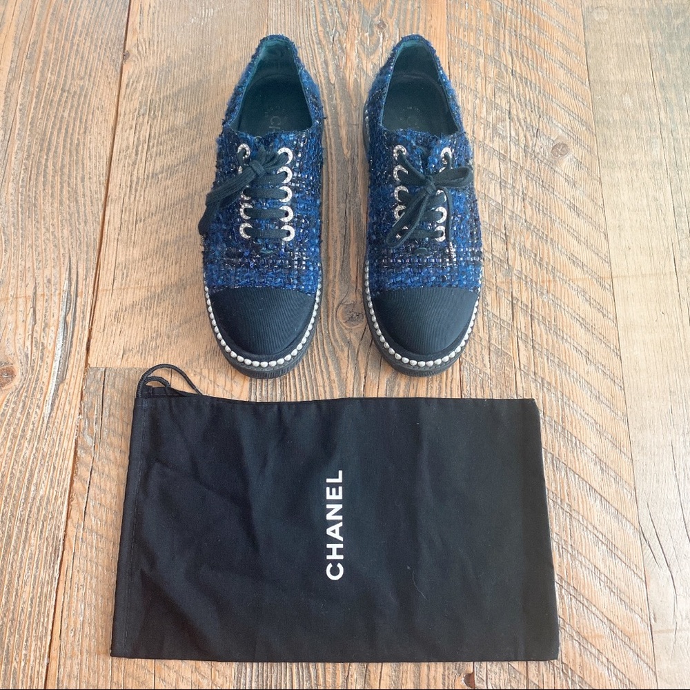 CHANEL Tweed & Pearl Lace Up Platform Sneakers